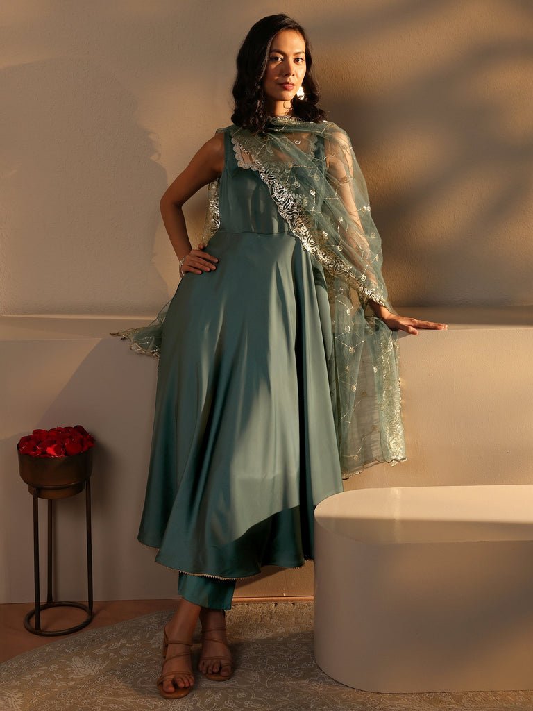 Libas Green Solid Satin A-Line Suit Set With Dupatta
