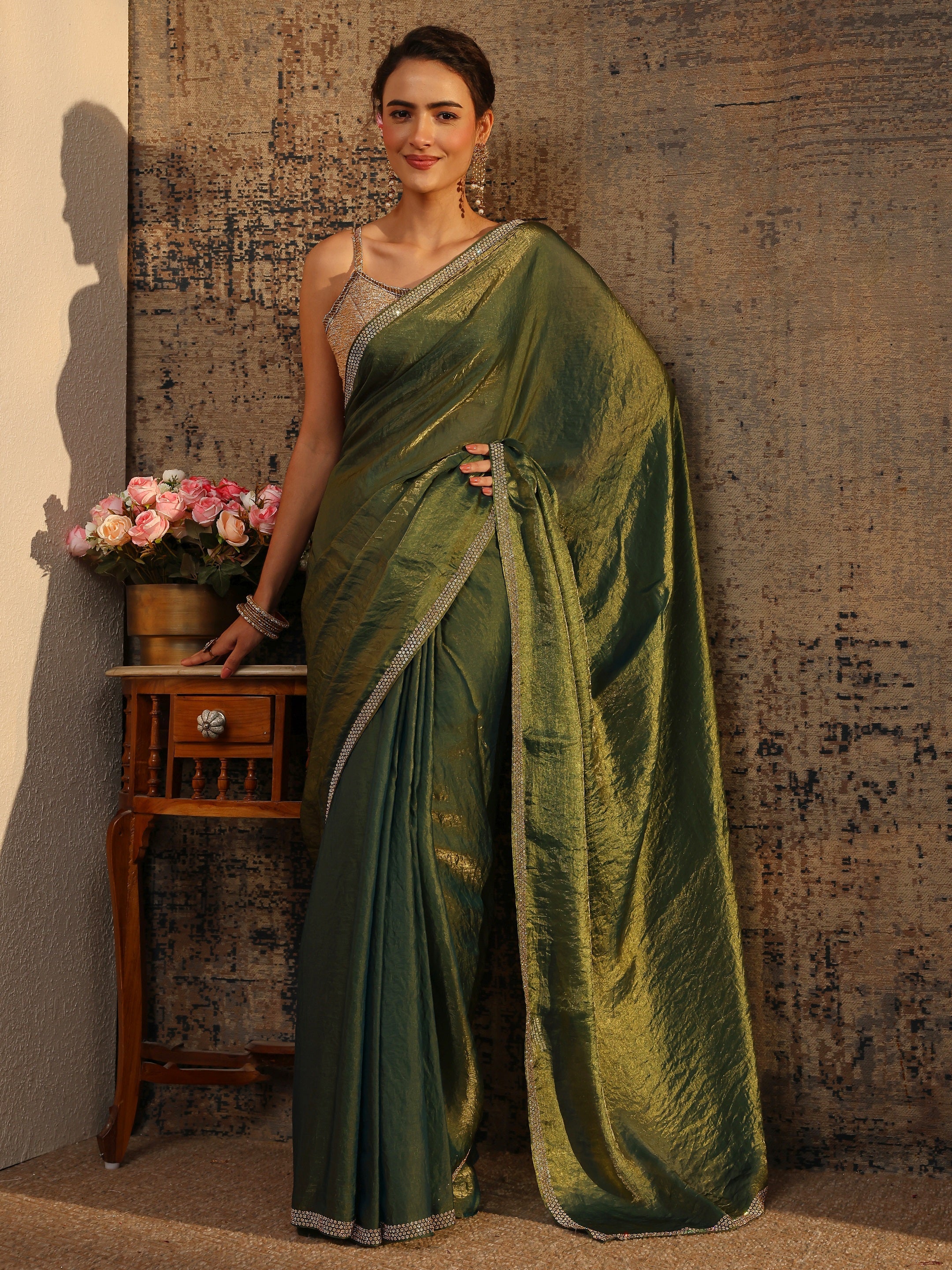 libas Green Solid Satin Saree With Unstitched Blouse Piece-picture-41