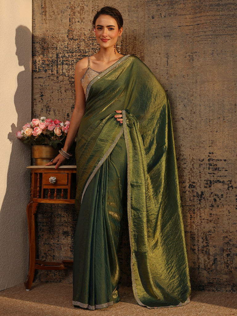Libas Green Solid Satin Saree With Unstitched Blouse Piece