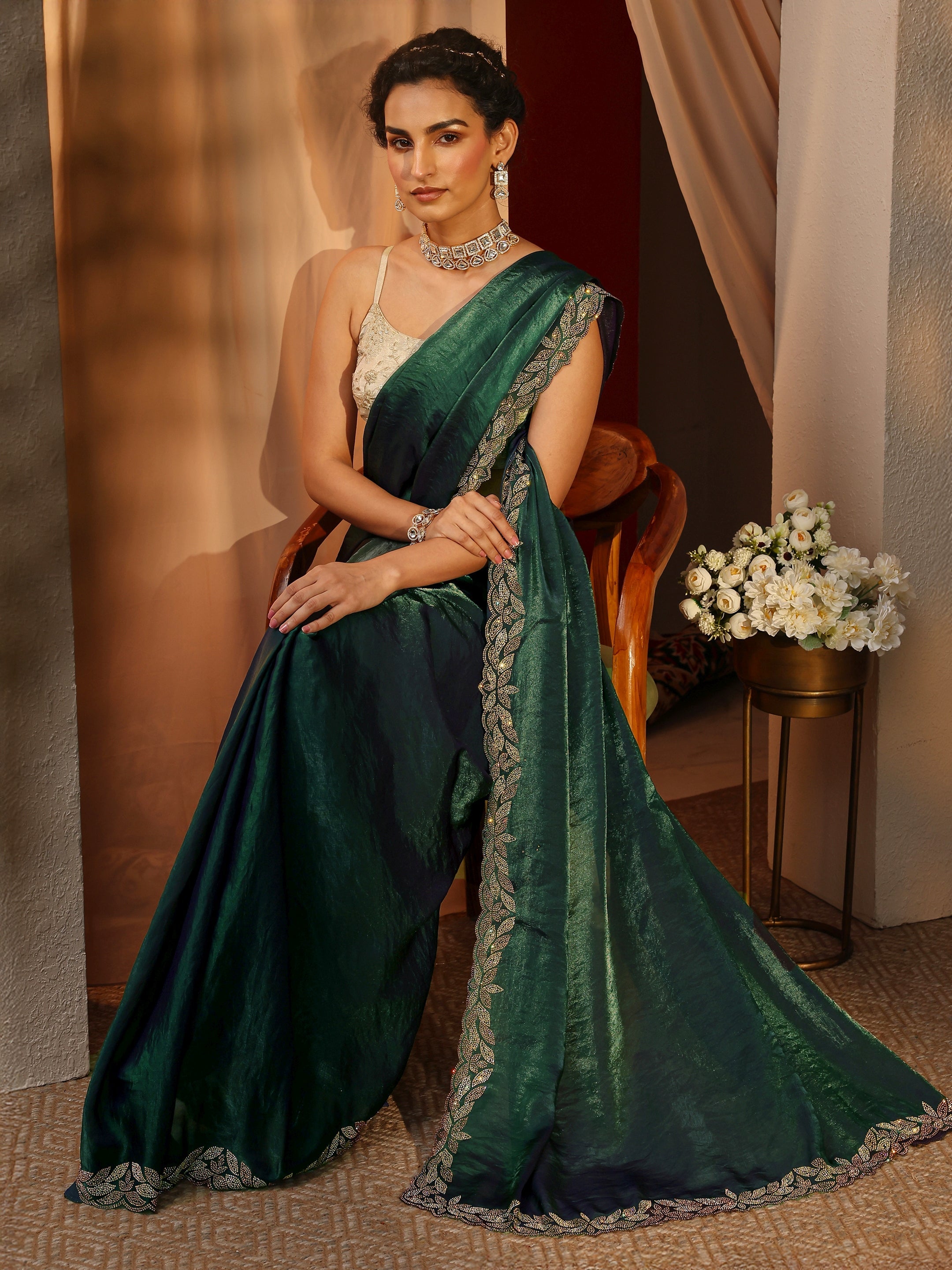 libas Green Solid Satin Saree With Unstitched Blouse Piece-picture-60