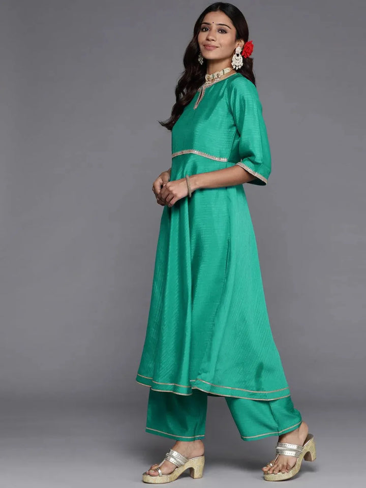 Green Solid Silk Blend Anarkali Suit Set With Palazzos - Libas