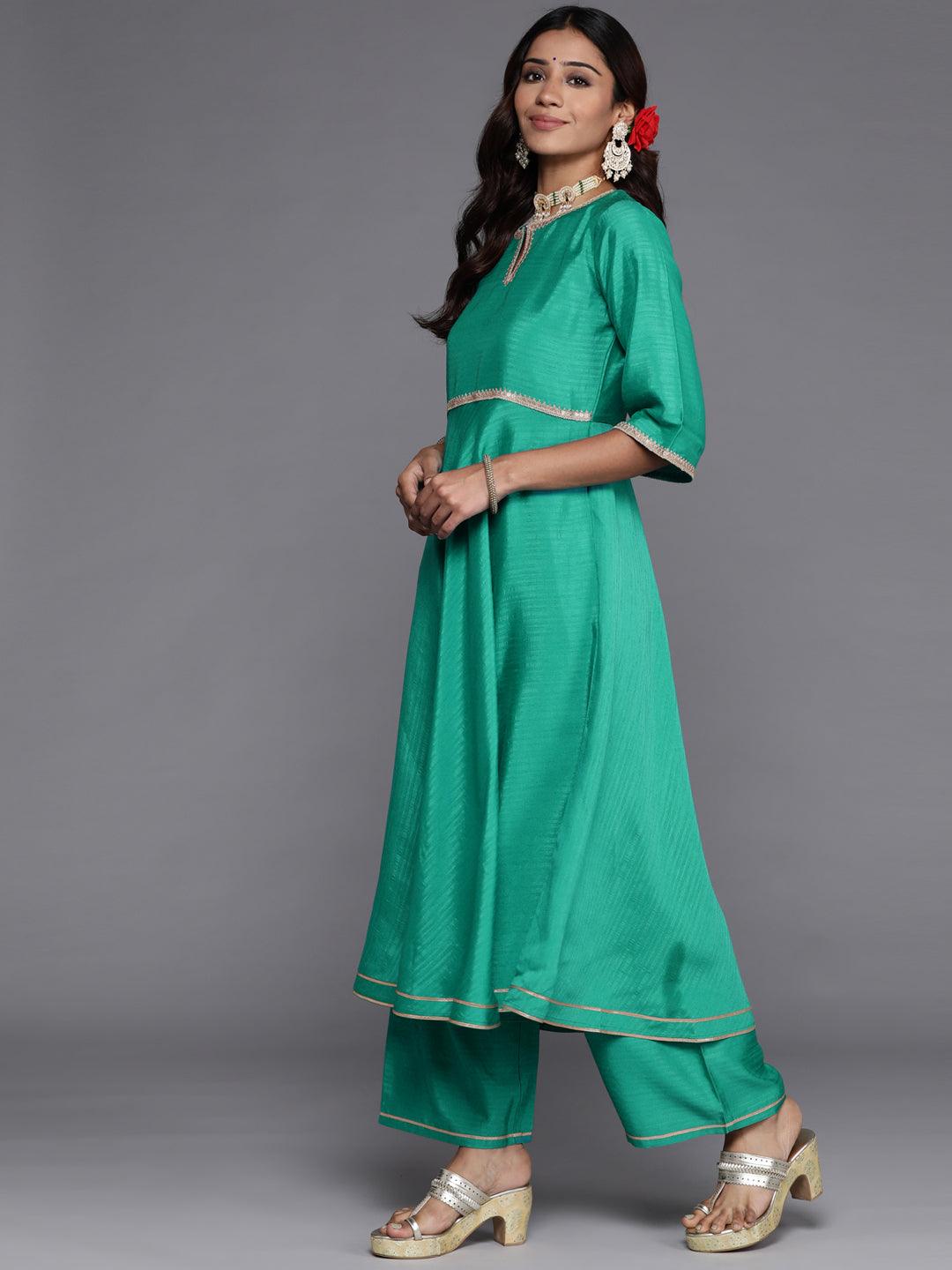 Green Solid Silk Blend Anarkali Suit Set With Palazzos - Libas