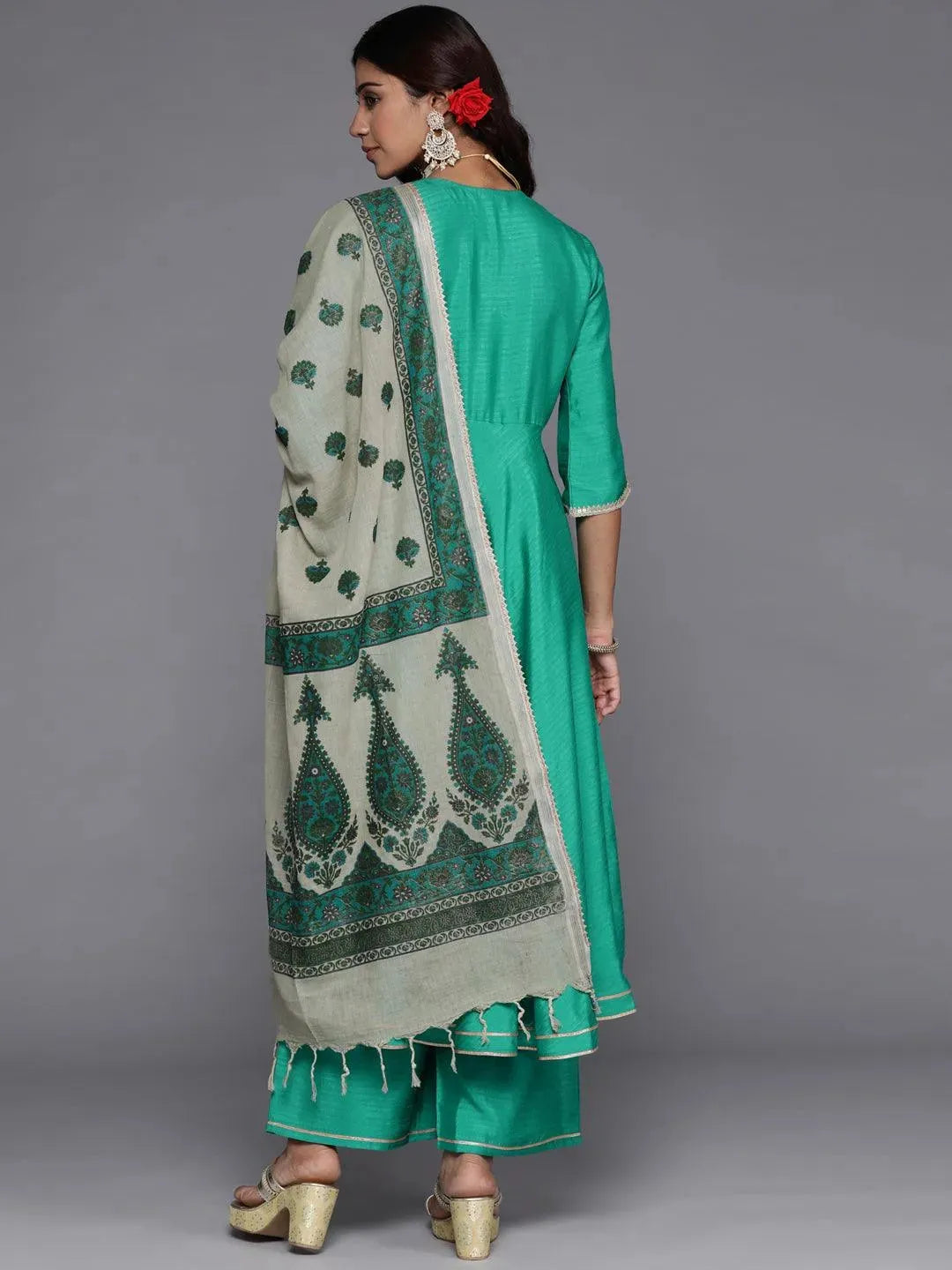 Green Solid Silk Blend Anarkali Suit Set With Palazzos - Libas 