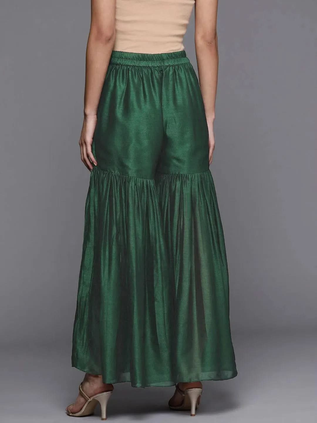 Green Solid Silk Blend Palazzos - Libas 