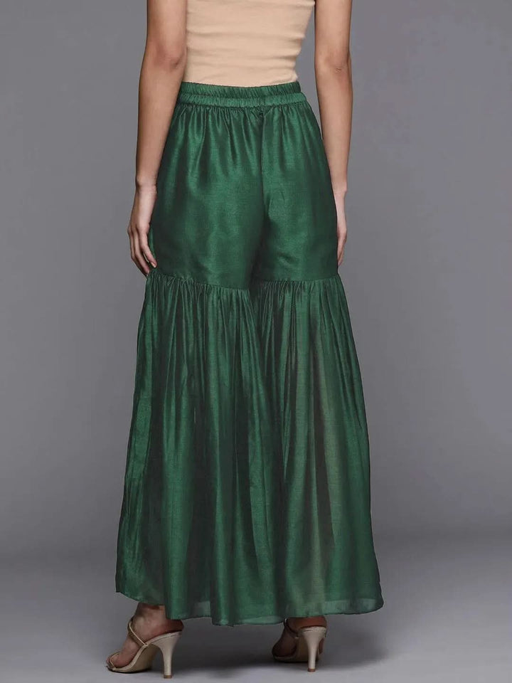 Green Solid Silk Blend Palazzos - Libas