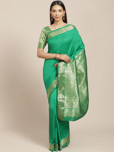 Green Solid Silk Blend Saree - Libas