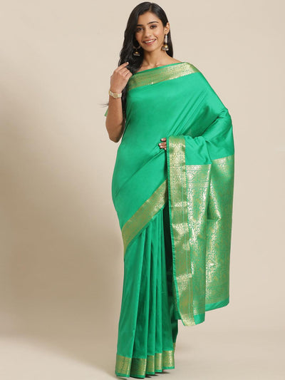 Green Solid Silk Blend Saree - Libas