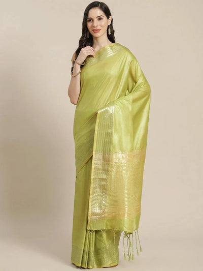 Green Solid Silk Blend Saree - Libas