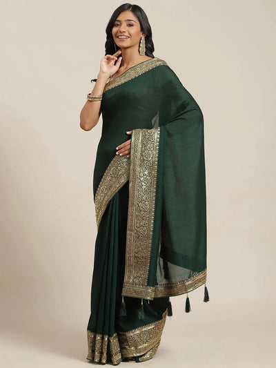 Green Solid Silk Blend Saree - Libas