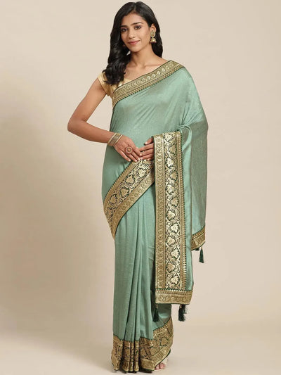 Green Solid Silk Blend Saree - Libas