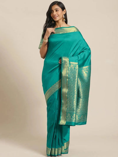 Green Solid Silk Blend Saree - Libas