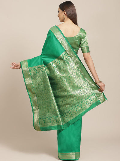 Green Solid Silk Blend Saree - Libas
