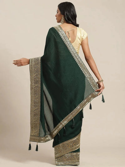 Green Solid Silk Blend Saree - Libas