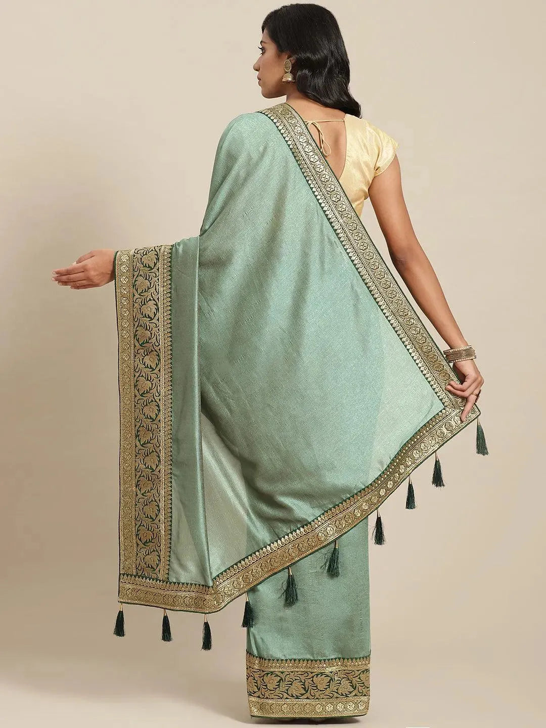 Green Solid Silk Blend Saree - Libas 