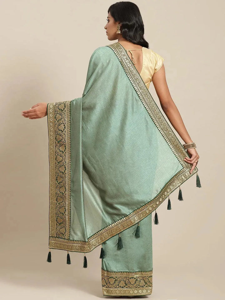 Green Solid Silk Blend Saree - Libas