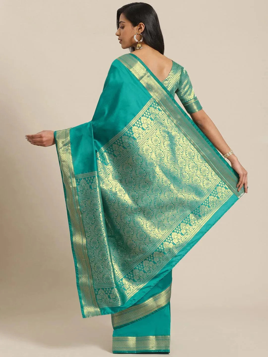 Green Solid Silk Blend Saree - Libas