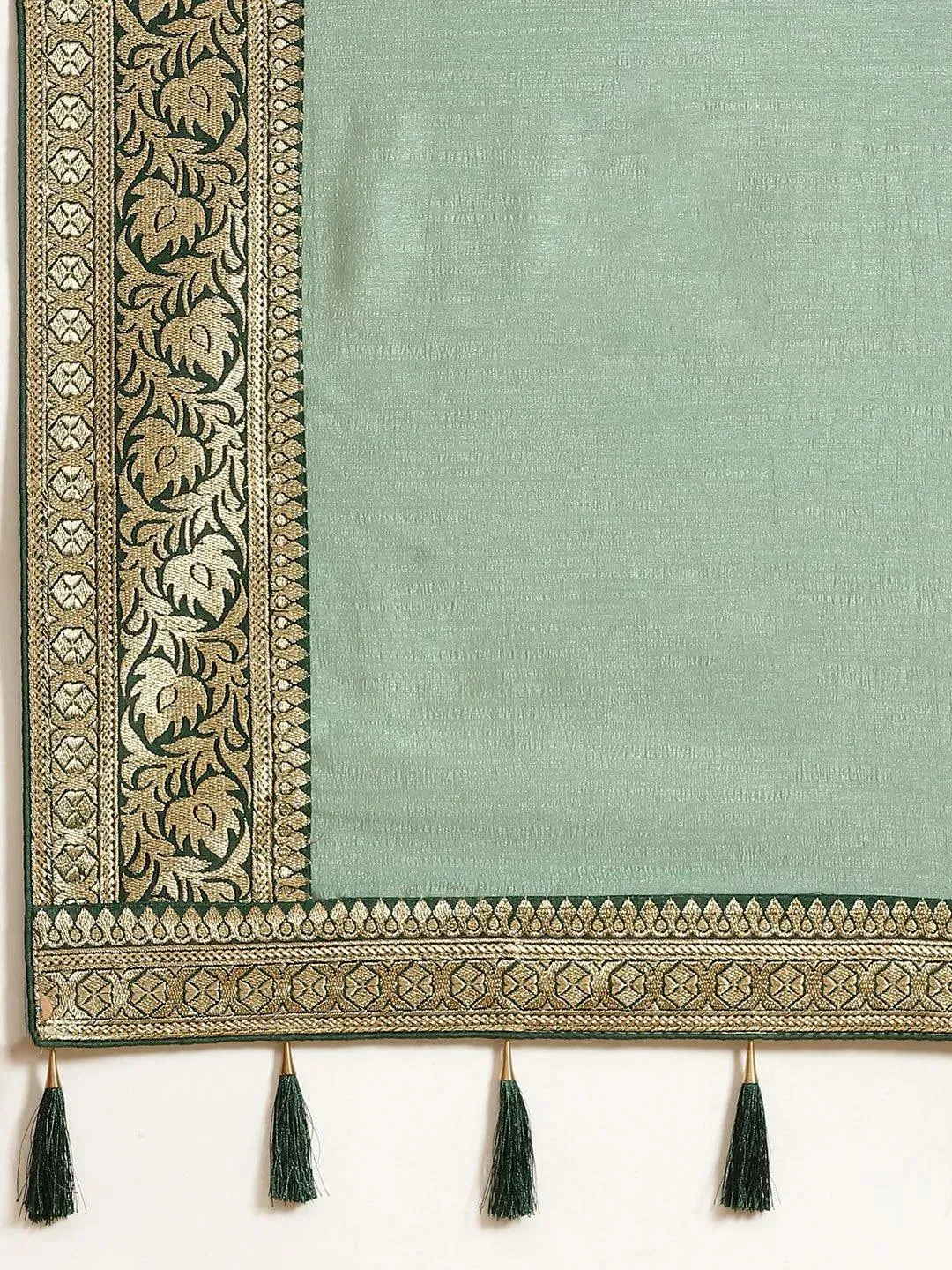 Green Solid Silk Blend Saree - Libas 