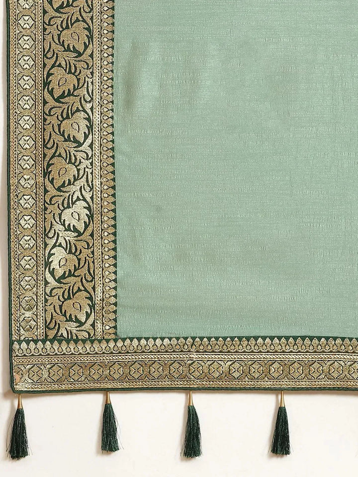 Green Solid Silk Blend Saree - Libas