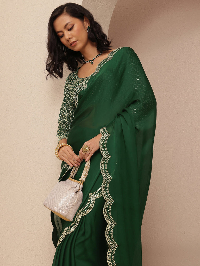 Libas Green Solid Silk Blend Saree With Unstitched Blouse Piece