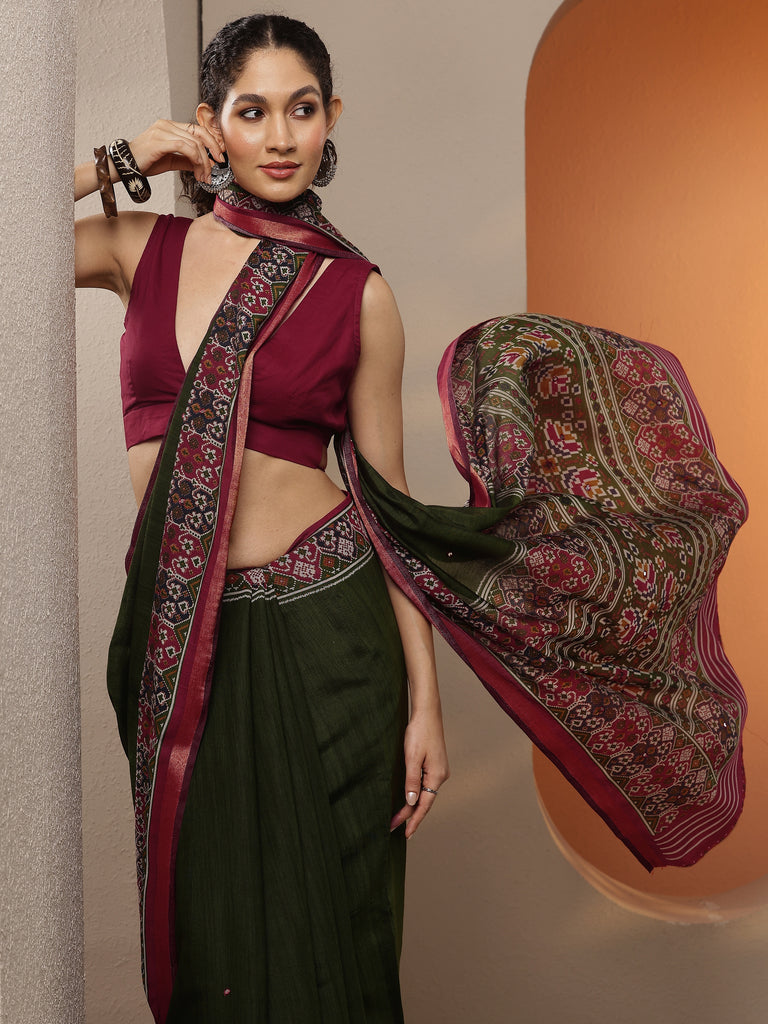 Libas Green Solid Silk Blend Saree With Unstitched Blouse Piece