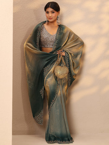Green Solid Silk Blend Saree With Unstitched Blouse Piece