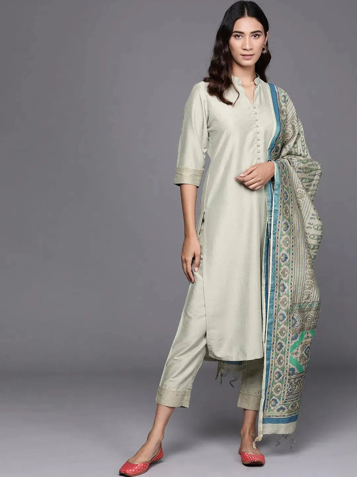 Green Solid Silk Blend Suit Set - Libas