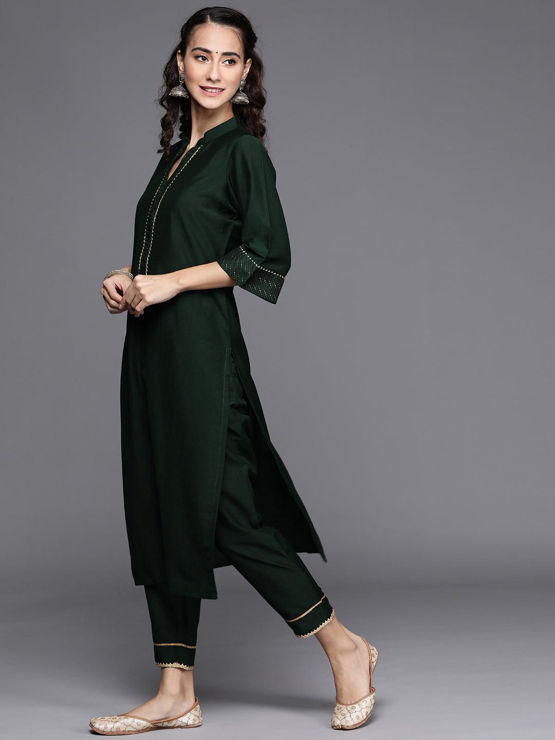 Green Solid Silk Blend Suit Set - Libas