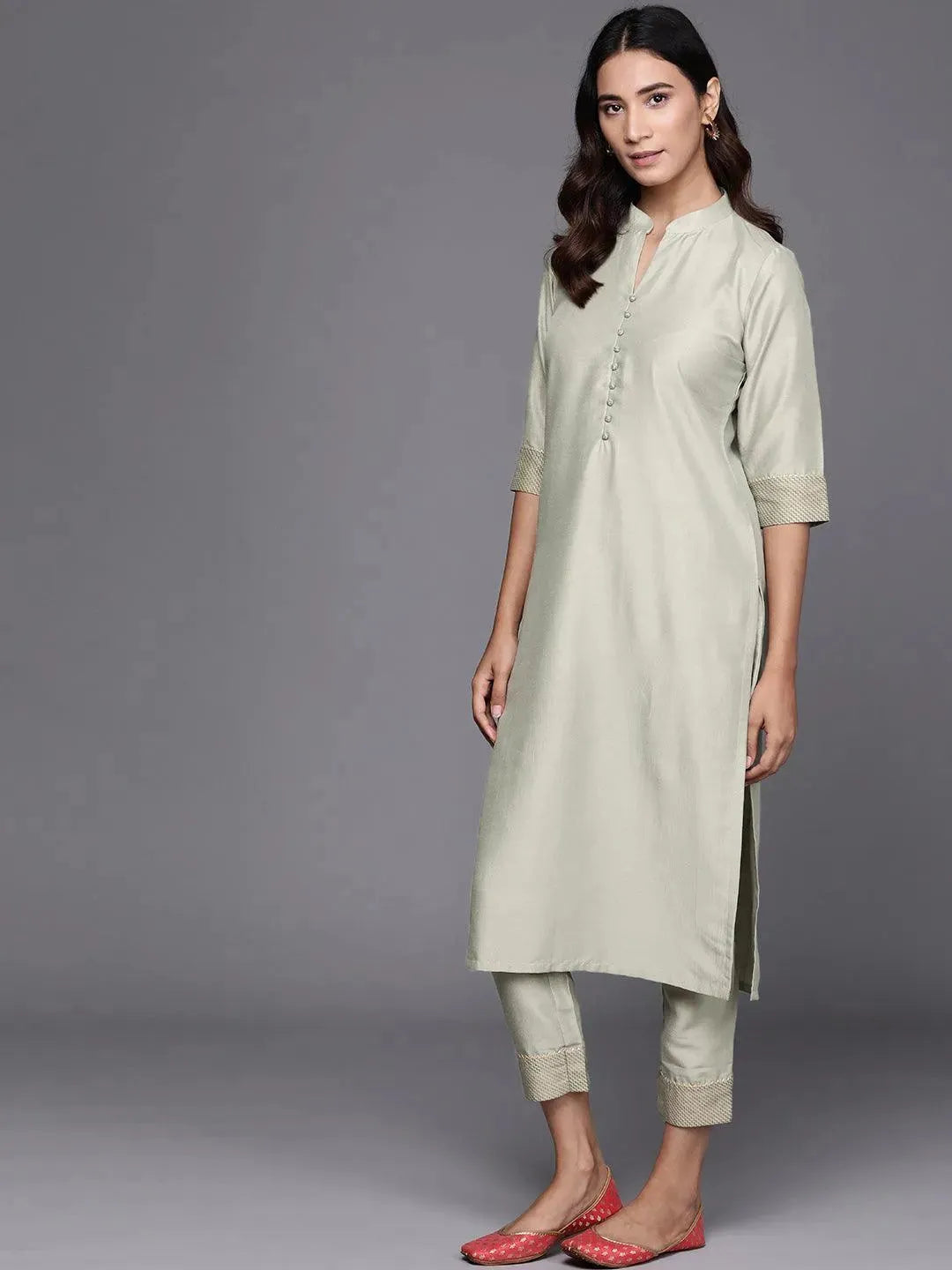 Green Solid Silk Blend Suit Set - Libas