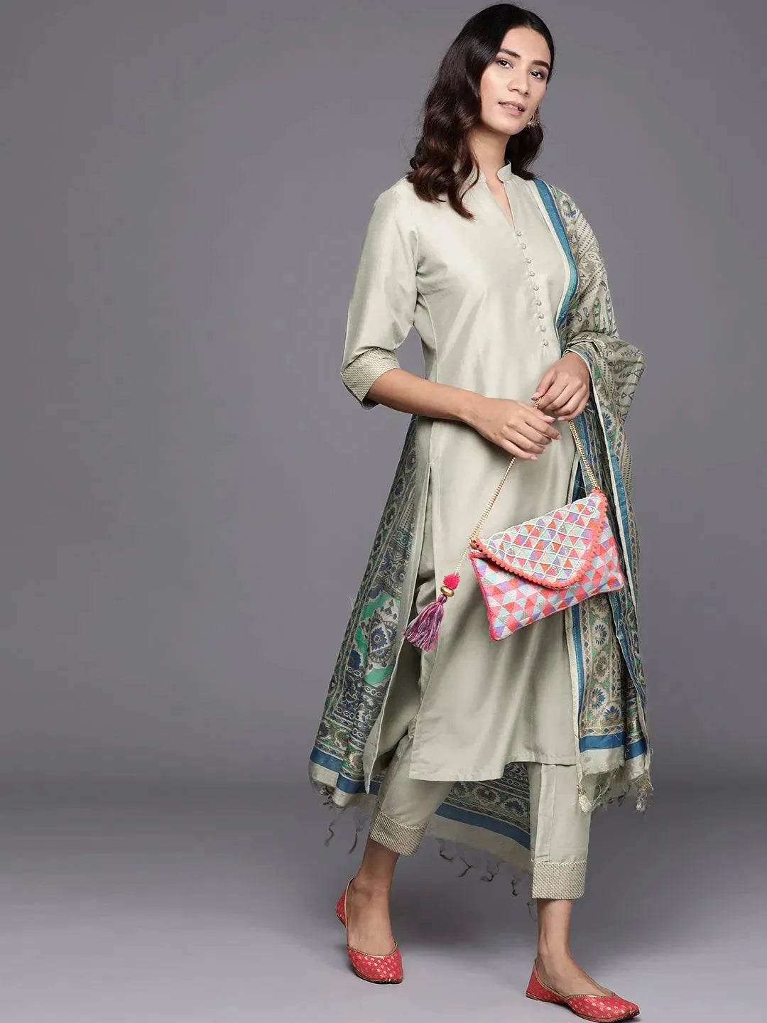 Green Solid Silk Blend Suit Set - Libas 