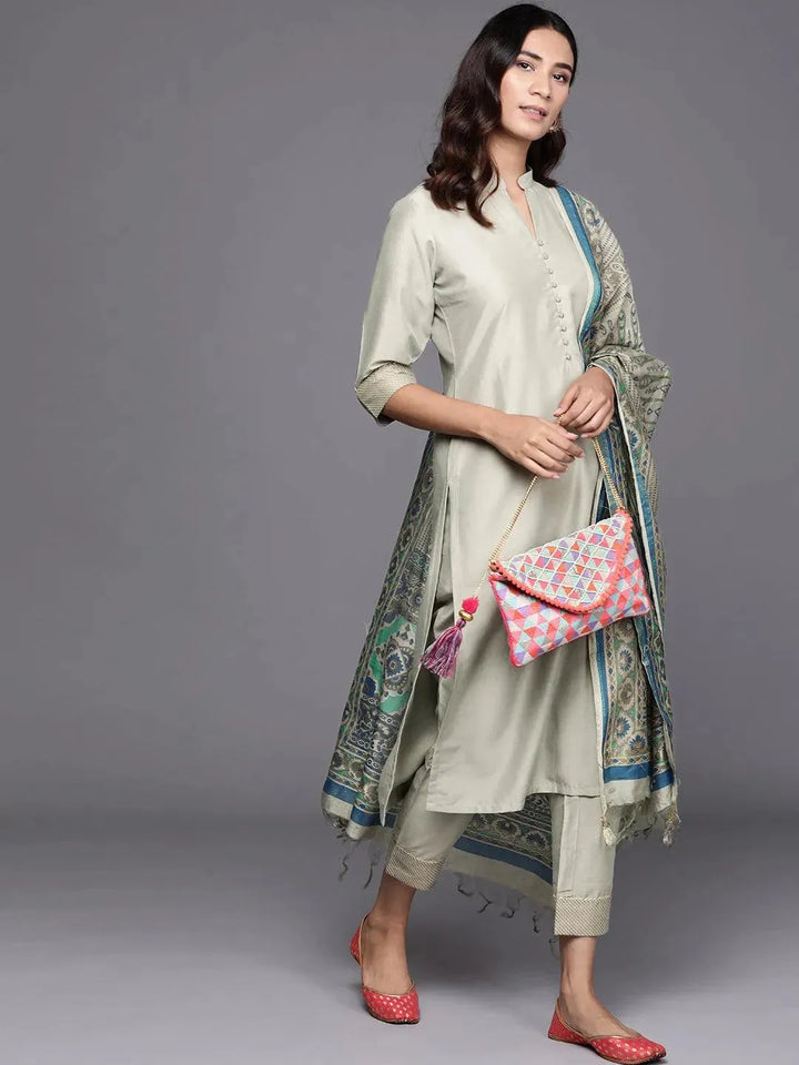 Green Solid Silk Blend Suit Set - Libas