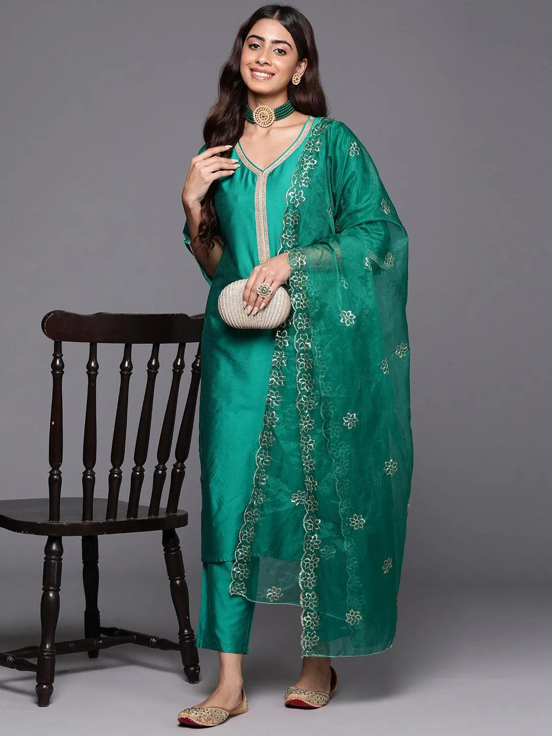 Green Solid Silk Blend Straight Kurta With Trousers & Dupatta - Libas