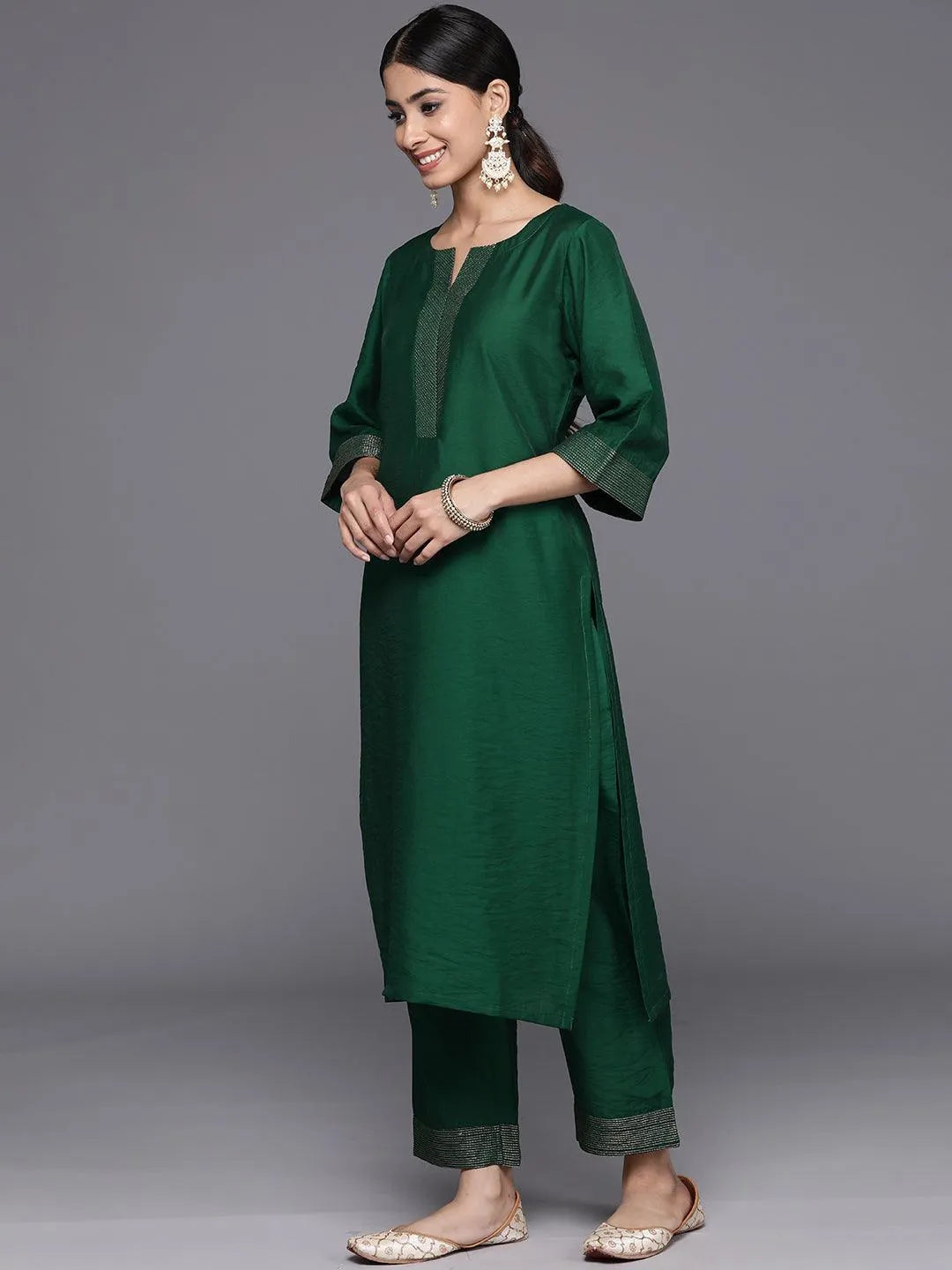 Green Solid Silk Blend Straight Kurta With Trousers & Dupatta - Libas 