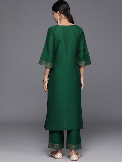 Green Solid Silk Blend Straight Kurta With Trousers & Dupatta - Libas