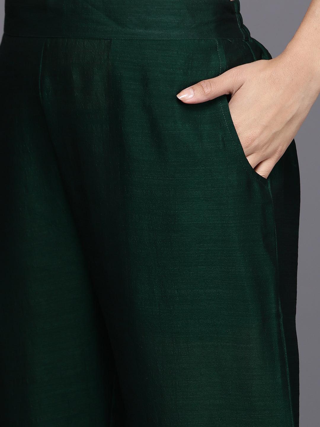 Green Solid Silk Blend Straight Kurta With Trousers & Dupatta - Libas