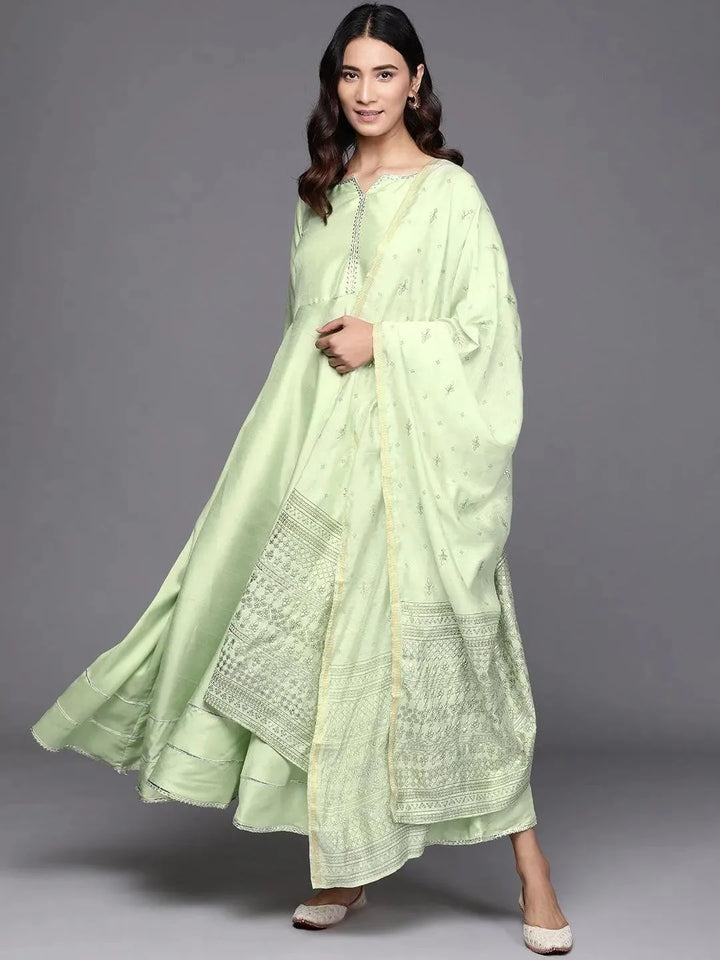 Green Solid Silk Dress With Dupatta - Libas