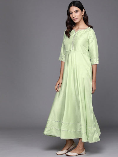 Green Solid Silk Dress With Dupatta - Libas