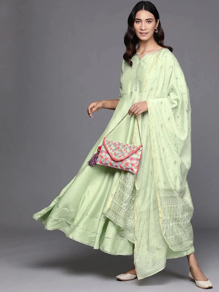 Green Solid Silk Dress With Dupatta - Libas