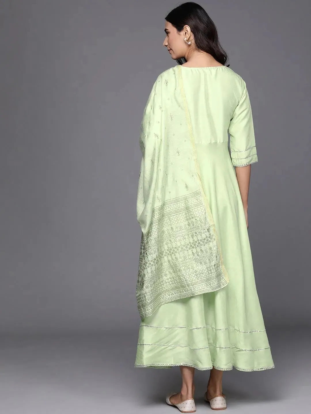 Green Solid Silk Dress With Dupatta - Libas