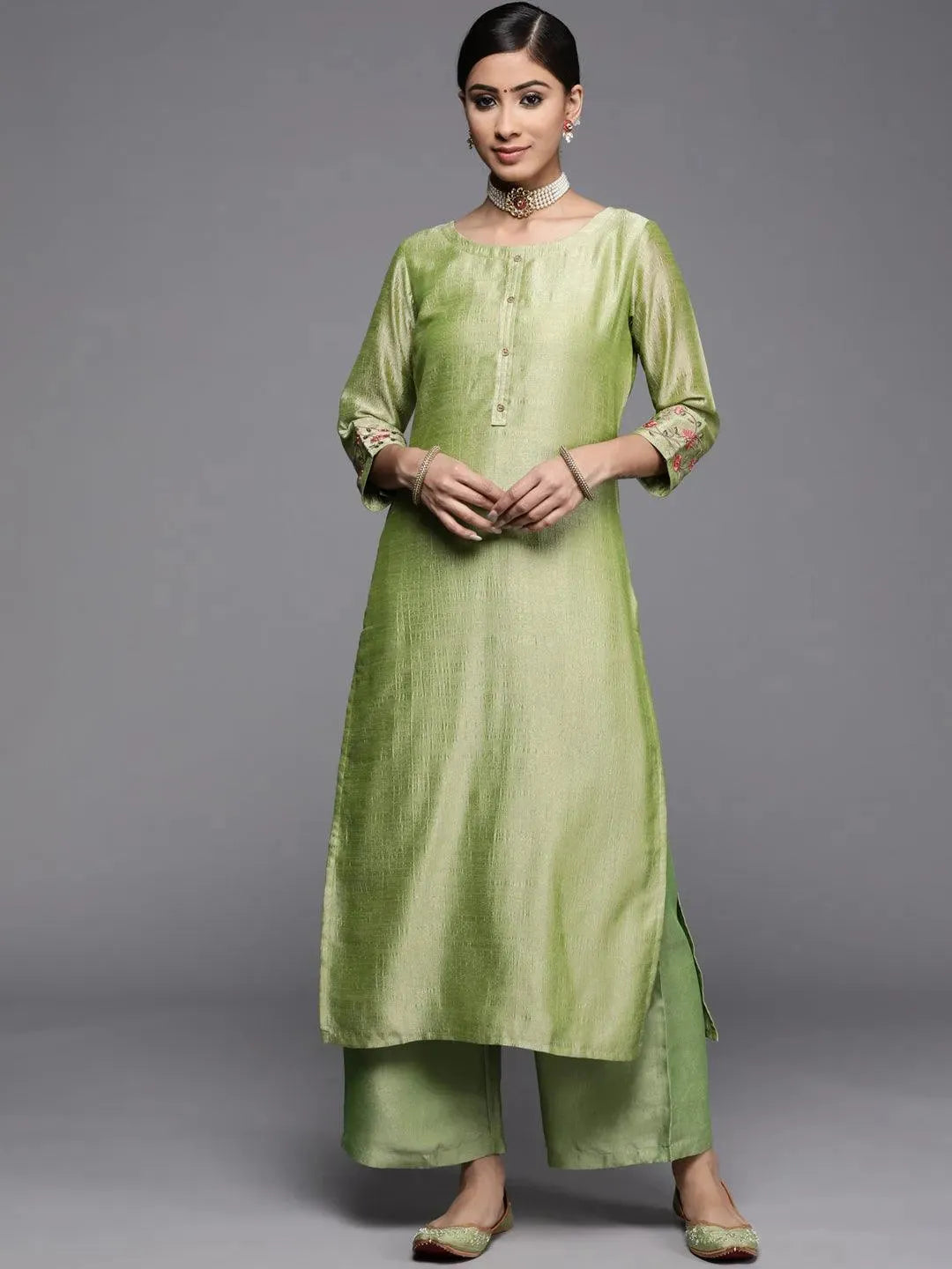 Green Solid Silk Kurta - Libas