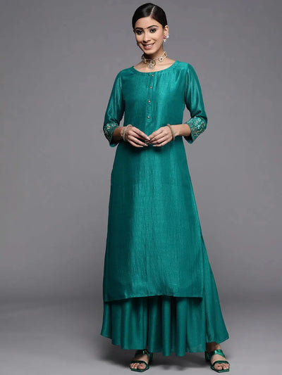 Green Solid Silk Kurta - Libas