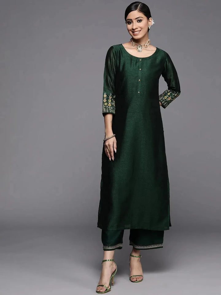 Green Solid Silk Kurta - Libas
