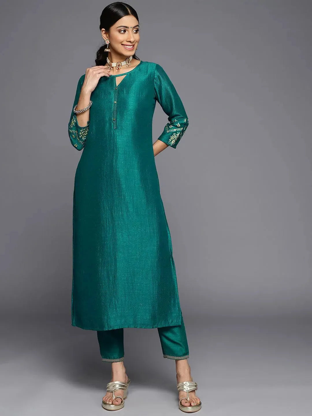 Green Solid Silk Kurta - Libas