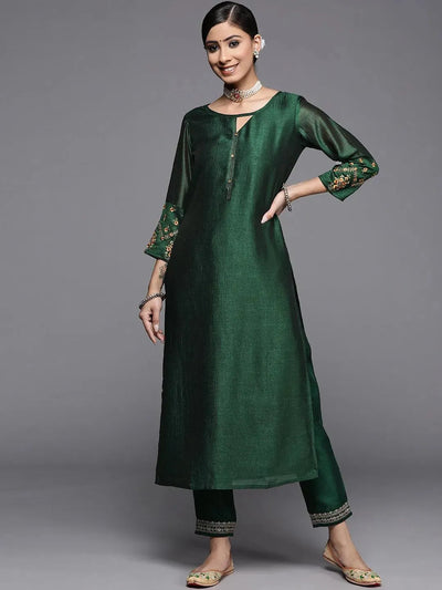 Green Solid Silk Kurta - Libas