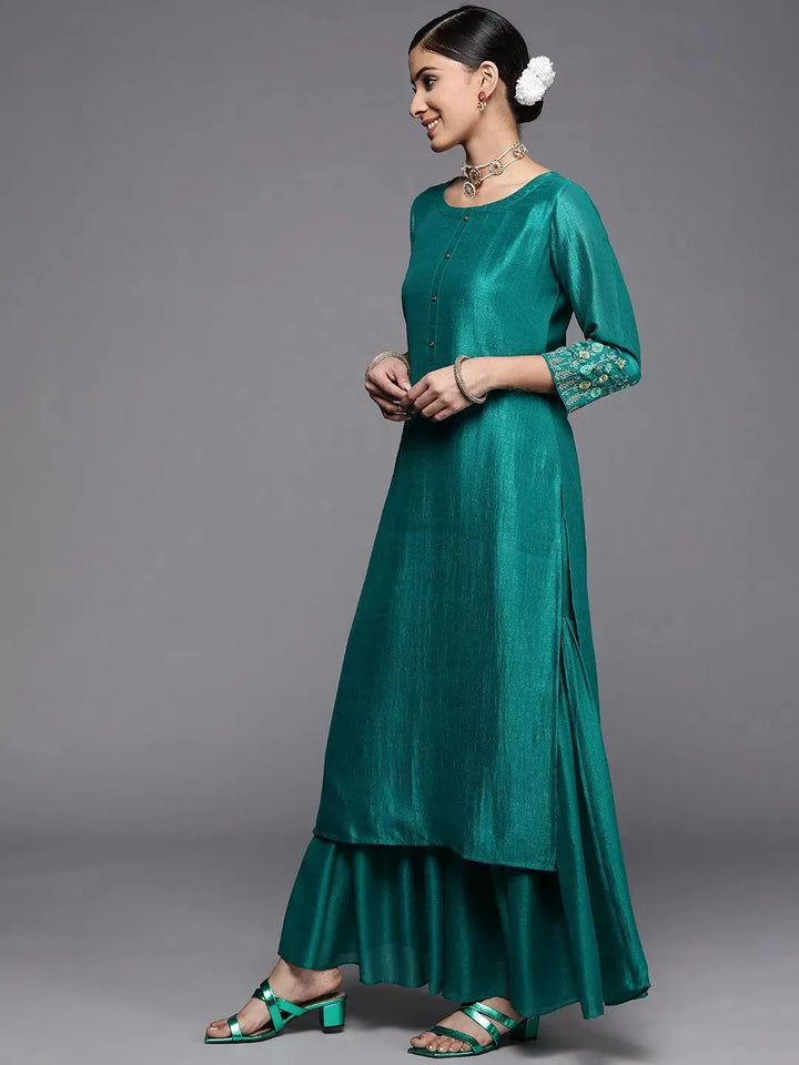 Green Solid Silk Kurta - Libas