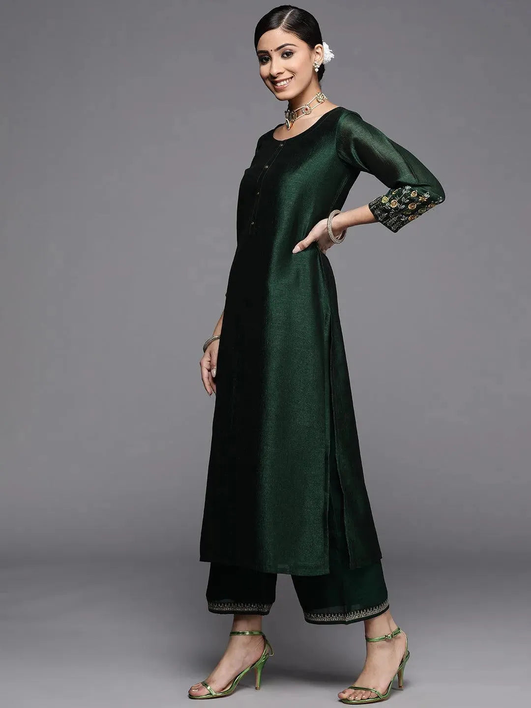 Green Solid Silk Kurta - Libas 