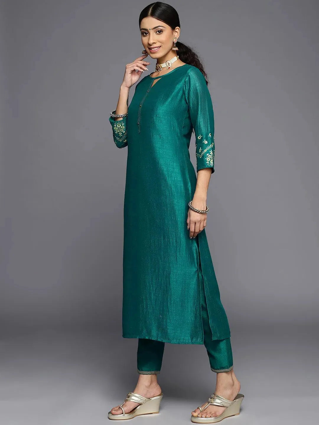 Green Solid Silk Kurta - Libas