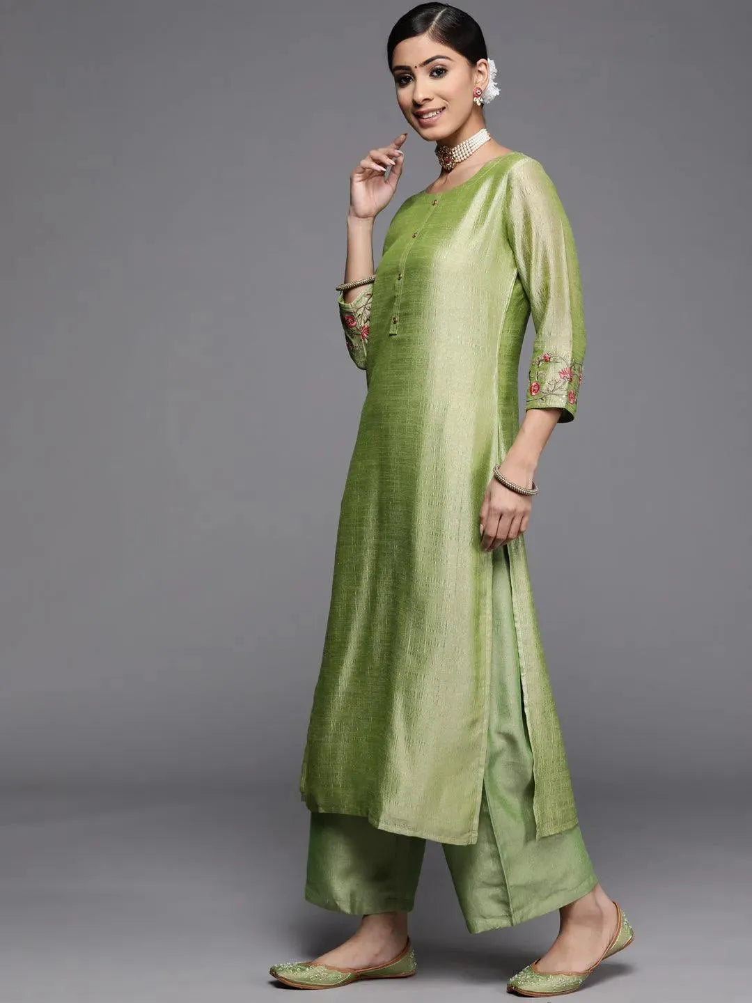 Green Solid Silk Kurta - Libas 