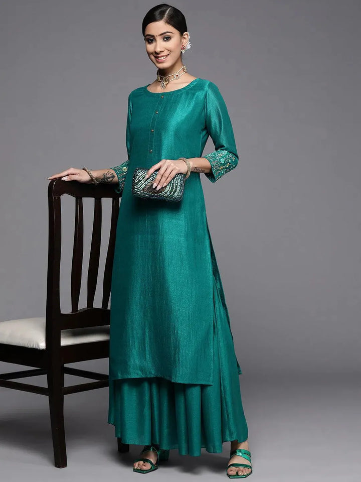 Green Solid Silk Kurta - Libas