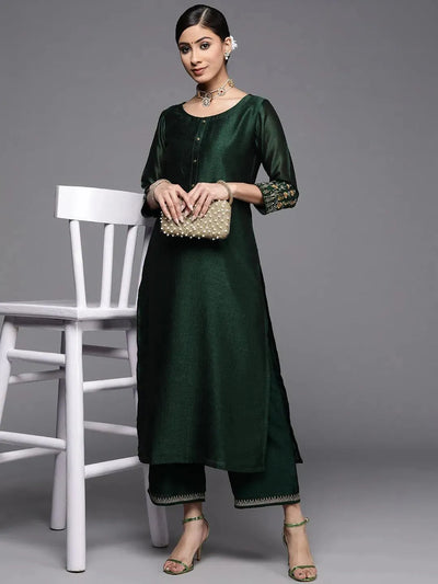 Green Solid Silk Kurta - Libas