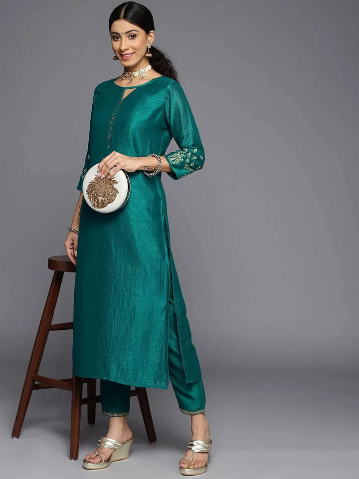 Green Solid Silk Kurta - Libas